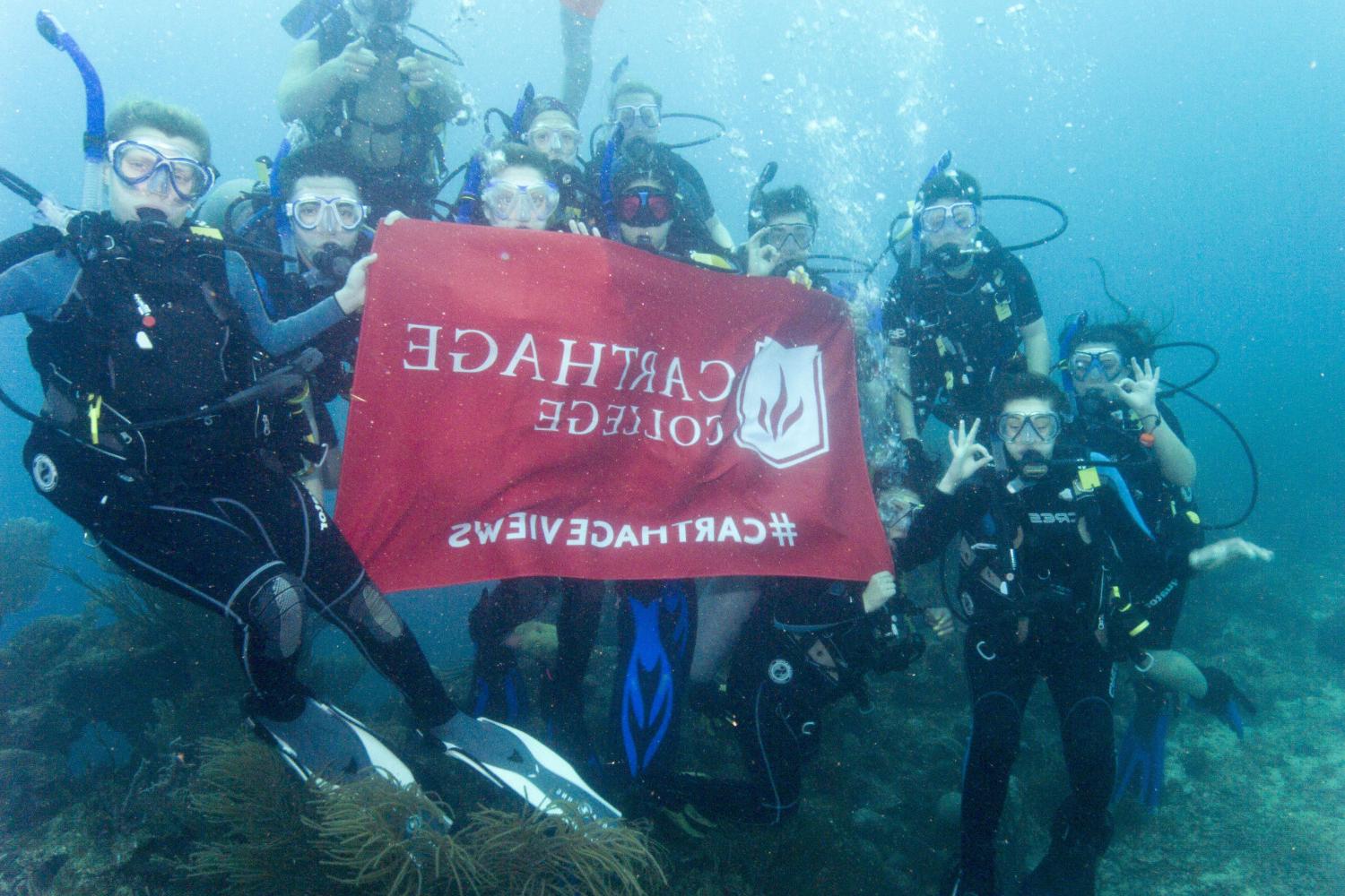学生们手持<a href='http://swvcvil.whgaolian.com'>bv伟德ios下载</a>旗帜，在j学期洪都拉斯游学之旅中潜水.